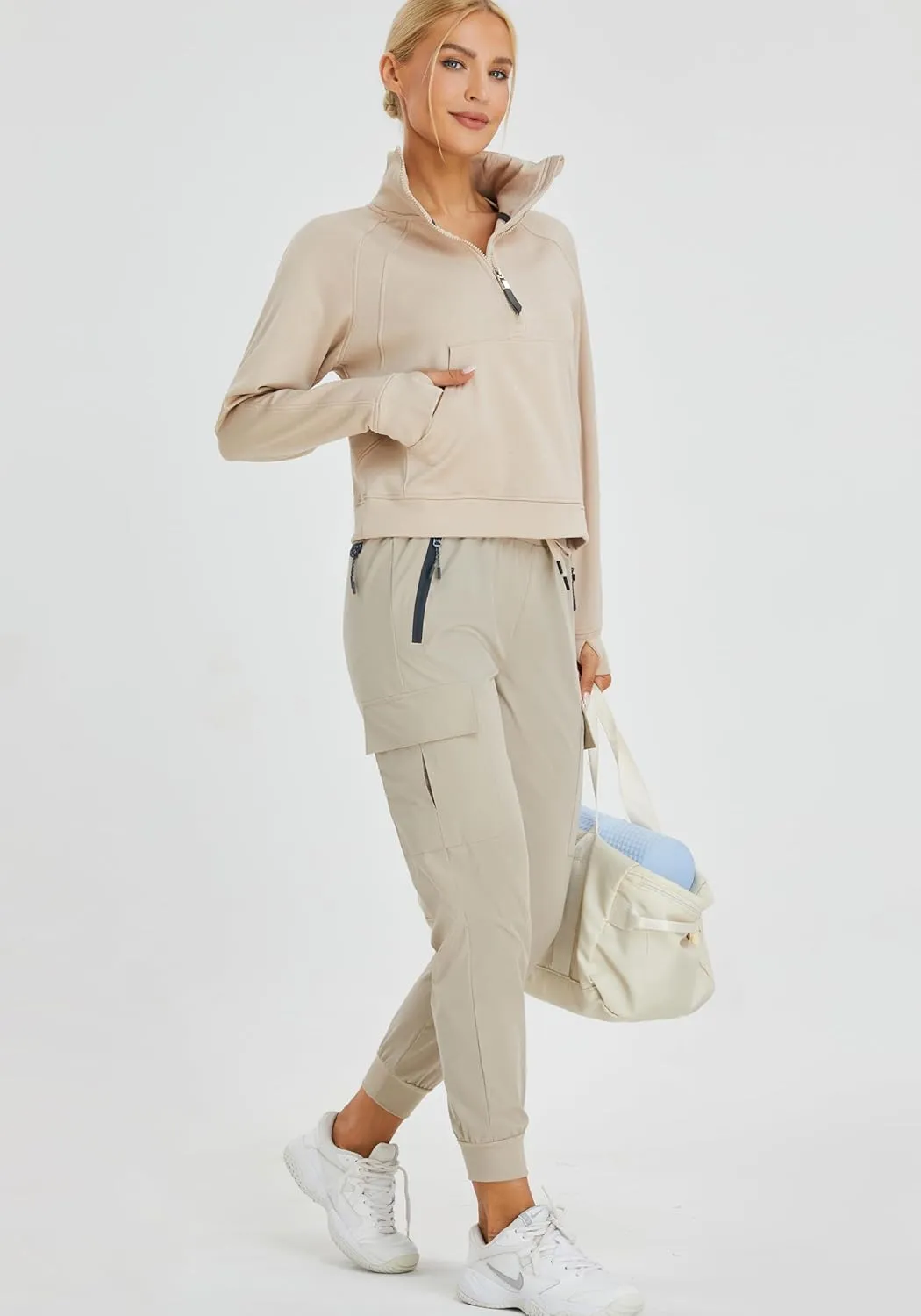 Oalka Sweatshirts Half Zip Long Sleeve Cropped Pullover Lined Full Zip Hoodies Thumb Hole Jackets