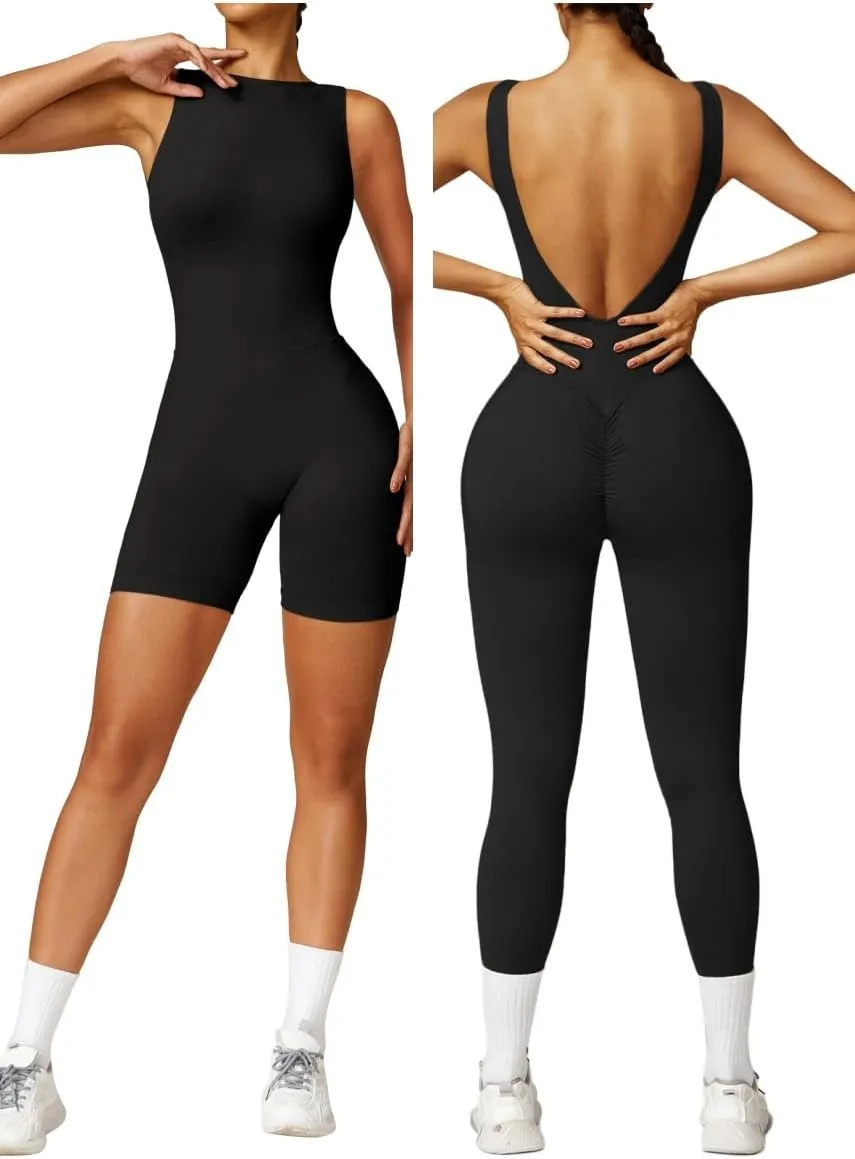 OEAK Womens Scrunch Butt Jumpsuits 2024 Crew Neck Seamless Romper V Back Gym Booty Leggings Bodycon Workout Yoga Unitard Black XS