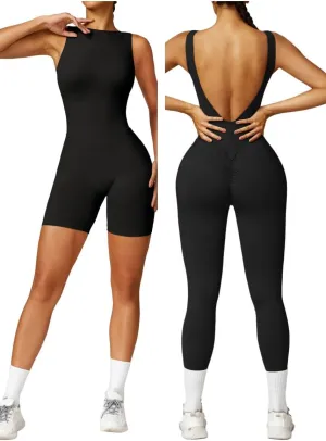 OEAK Womens Scrunch Butt Jumpsuits 2024 Crew Neck Seamless Romper V Back Gym Booty Leggings Bodycon Workout Yoga Unitard Black XS
