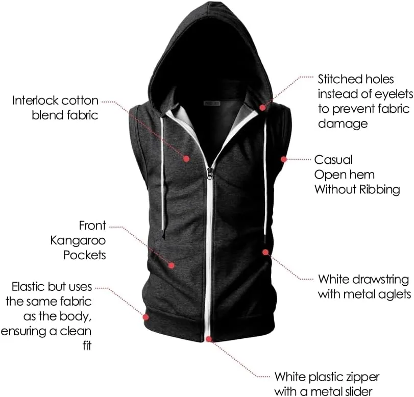 Ohoo Mens Slim Fit Sleeveless Lightweight Zip Up Hooded Sweatshirt Vest Hoodie