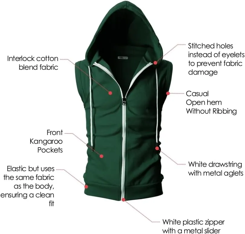 Ohoo Mens Slim Fit Sleeveless Lightweight Zip Up Hooded Sweatshirt Vest Hoodie