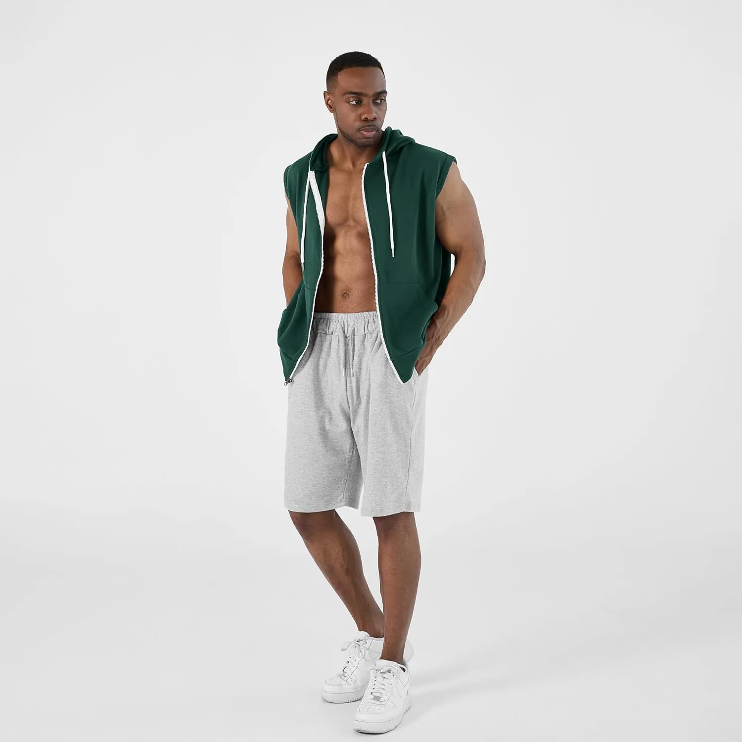 Ohoo Mens Slim Fit Sleeveless Lightweight Zip Up Hooded Sweatshirt Vest Hoodie