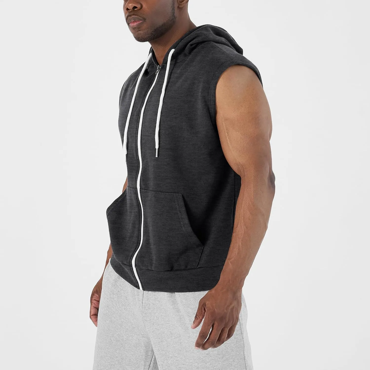Ohoo Mens Slim Fit Sleeveless Lightweight Zip Up Hooded Sweatshirt Vest Hoodie