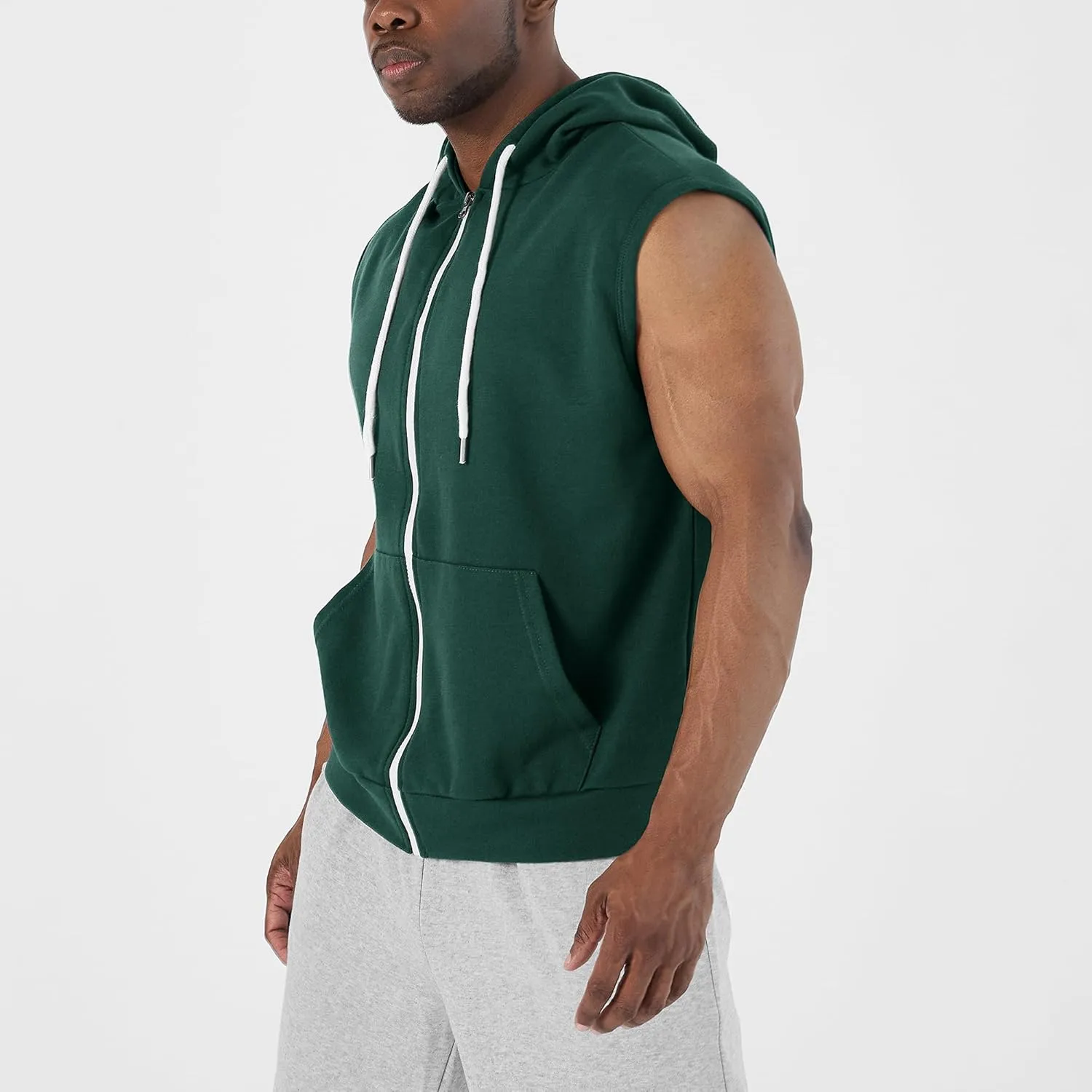 Ohoo Mens Slim Fit Sleeveless Lightweight Zip Up Hooded Sweatshirt Vest Hoodie
