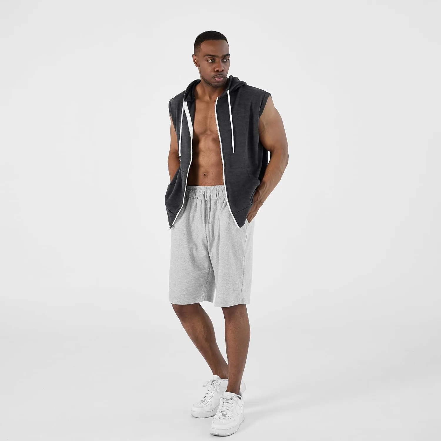 Ohoo Mens Slim Fit Sleeveless Lightweight Zip Up Hooded Sweatshirt Vest Hoodie