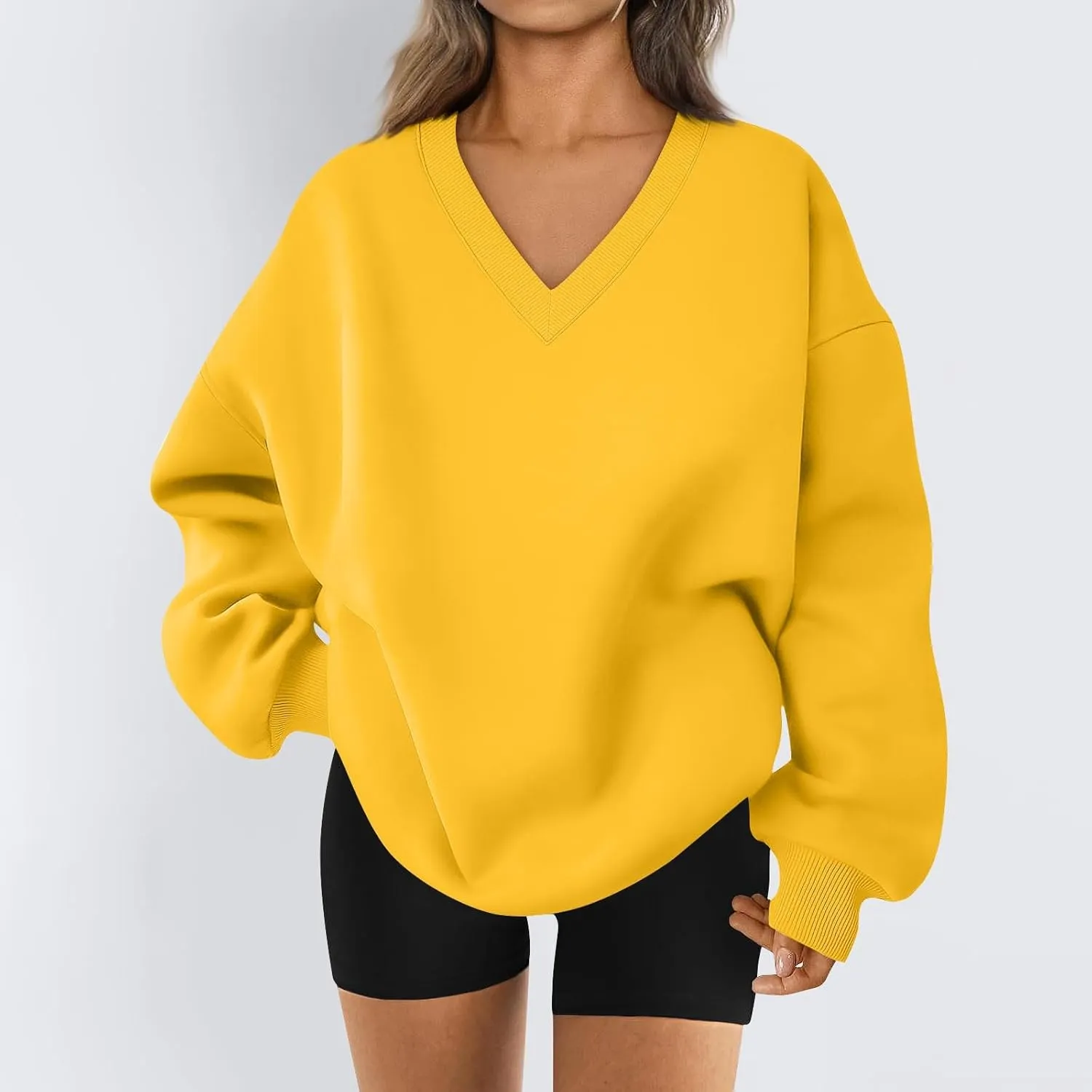 Oversized V Neck Sweatshirt Women Cozy Long Sleeve Fleece Hoodies Pullover Casual Sweat Shirts Cute Winter Outfits