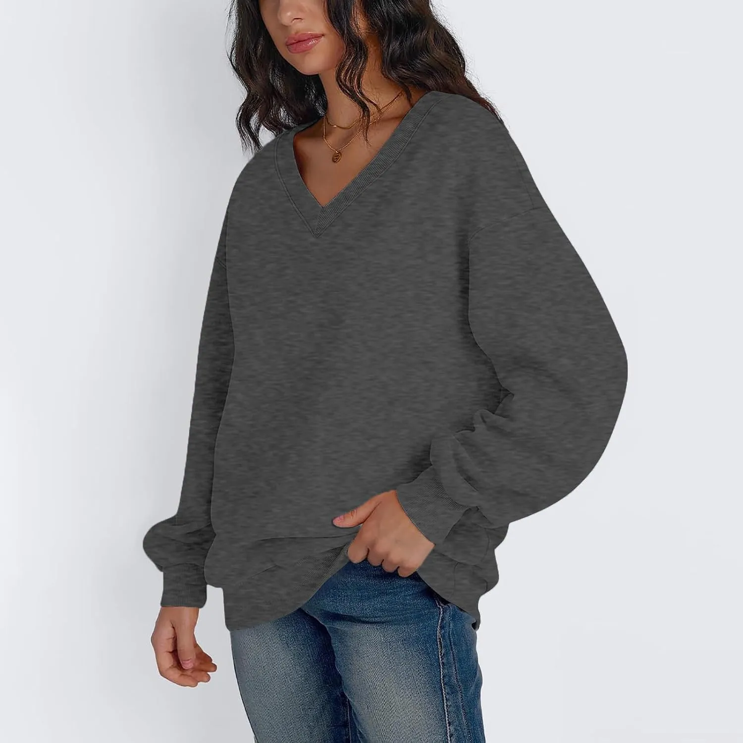 Oversized V Neck Sweatshirt Women Cozy Long Sleeve Fleece Hoodies Pullover Casual Sweat Shirts Cute Winter Outfits