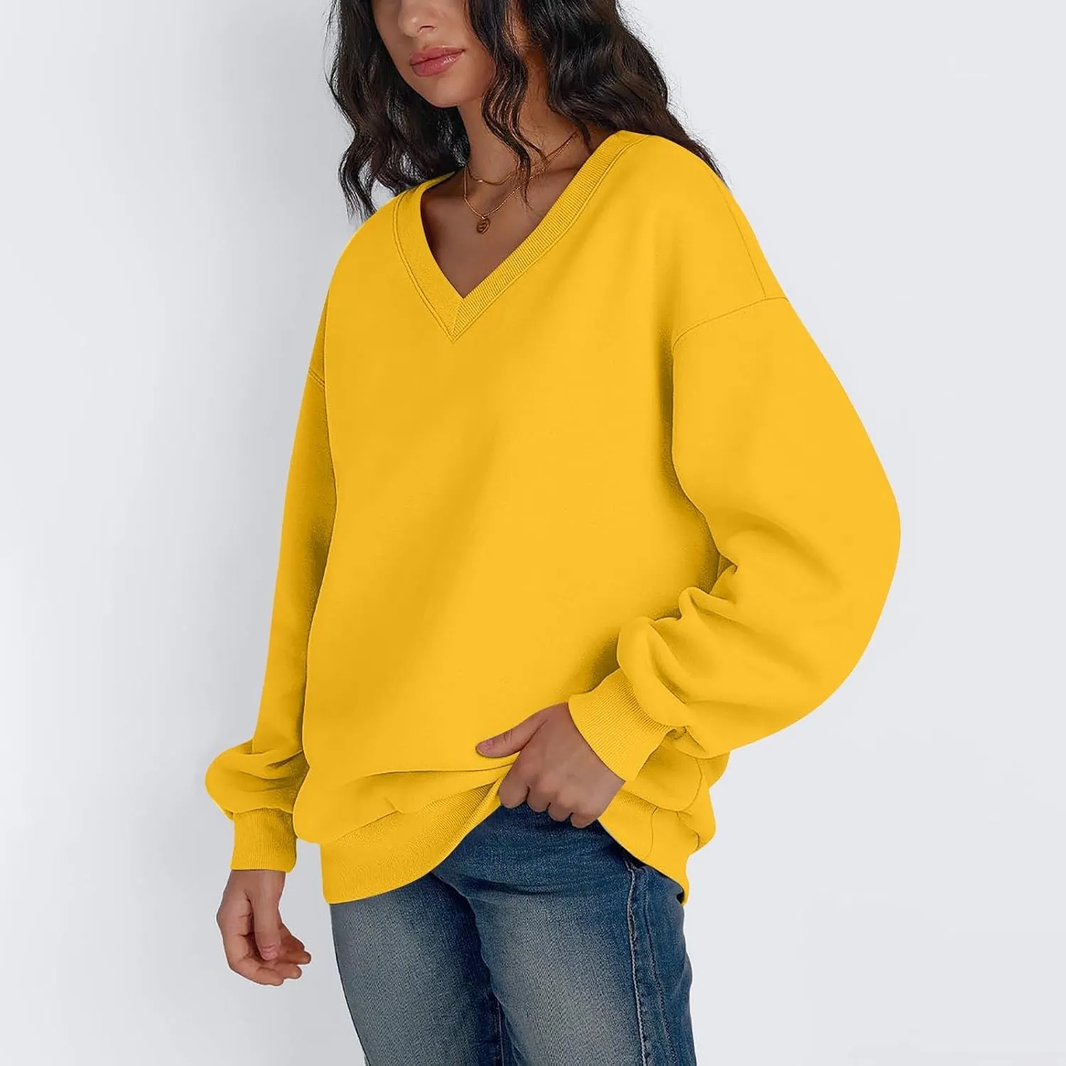 Oversized V Neck Sweatshirt Women Cozy Long Sleeve Fleece Hoodies Pullover Casual Sweat Shirts Cute Winter Outfits