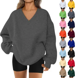 Oversized V Neck Sweatshirt Women Cozy Long Sleeve Fleece Hoodies Pullover Casual Sweat Shirts Cute Winter Outfits