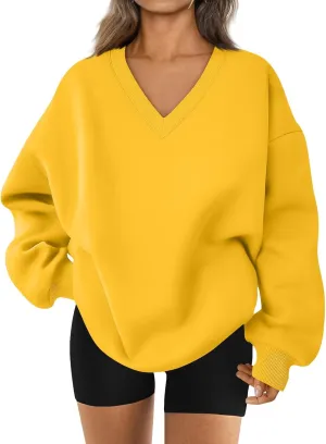 Oversized V Neck Sweatshirt Women Cozy Long Sleeve Fleece Hoodies Pullover Casual Sweat Shirts Cute Winter Outfits