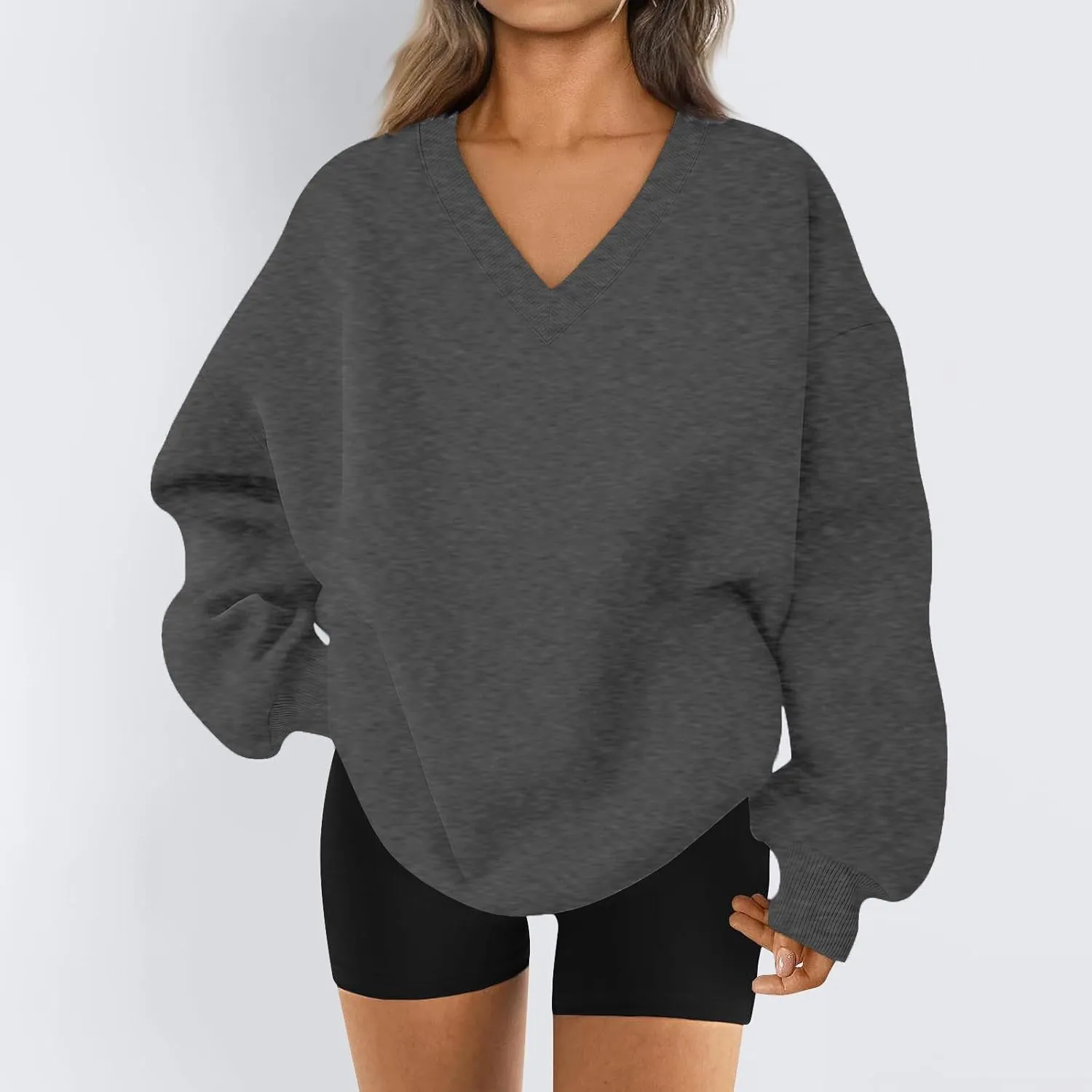 Oversized V Neck Sweatshirt Women Cozy Long Sleeve Fleece Hoodies Pullover Casual Sweat Shirts Cute Winter Outfits