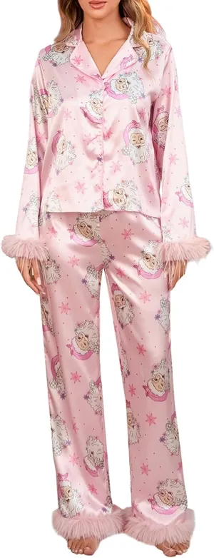 Owl's-Yard Women's Pajama Sets Cartoon Print Silk Pajamas Button Down Shirts with Wide Leg Pants 2 Piece Loungewear