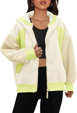 Panadila Womens Fuzzy Fleece Jacket Zip Up Oversized Hoodie Sherpa Warm Coats Color Block Top Outerwear with Pockets