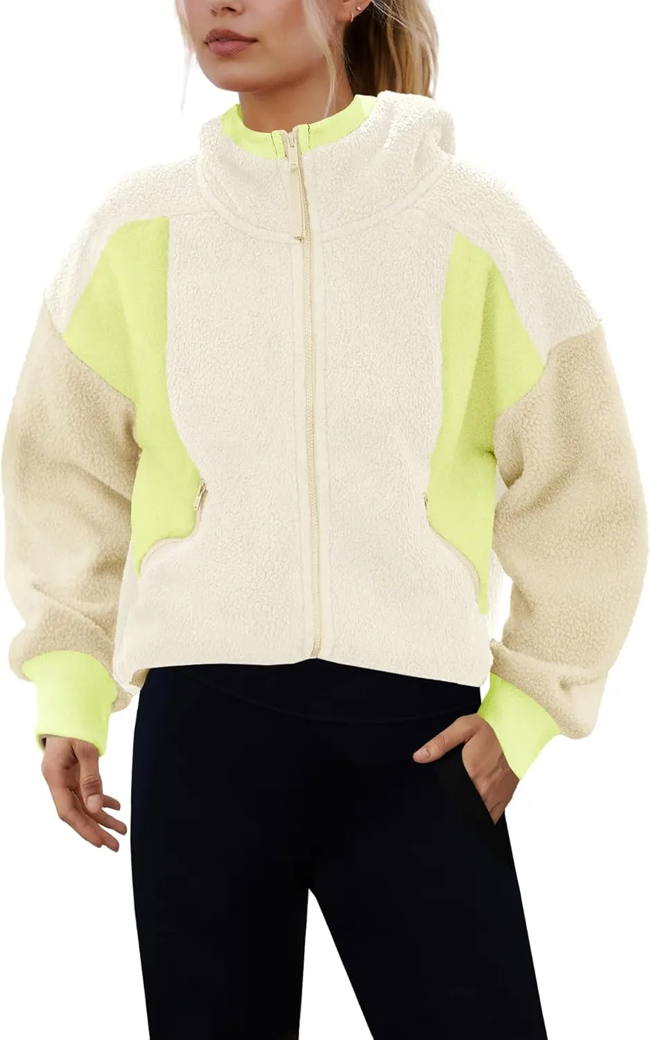 Panadila Womens Fuzzy Fleece Jacket Zip Up Oversized Hoodie Sherpa Warm Coats Color Block Top Outerwear with Pockets
