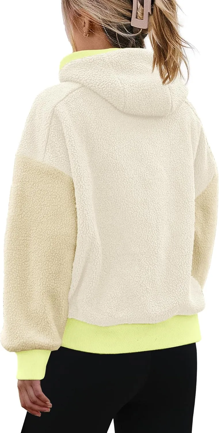 Panadila Womens Fuzzy Fleece Jacket Zip Up Oversized Hoodie Sherpa Warm Coats Color Block Top Outerwear with Pockets