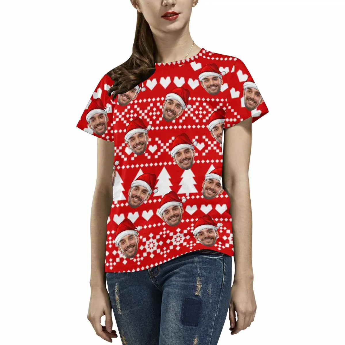 Personalized My Face on A Shirt Happy Christmas Red Women's All Over Print T-shirt