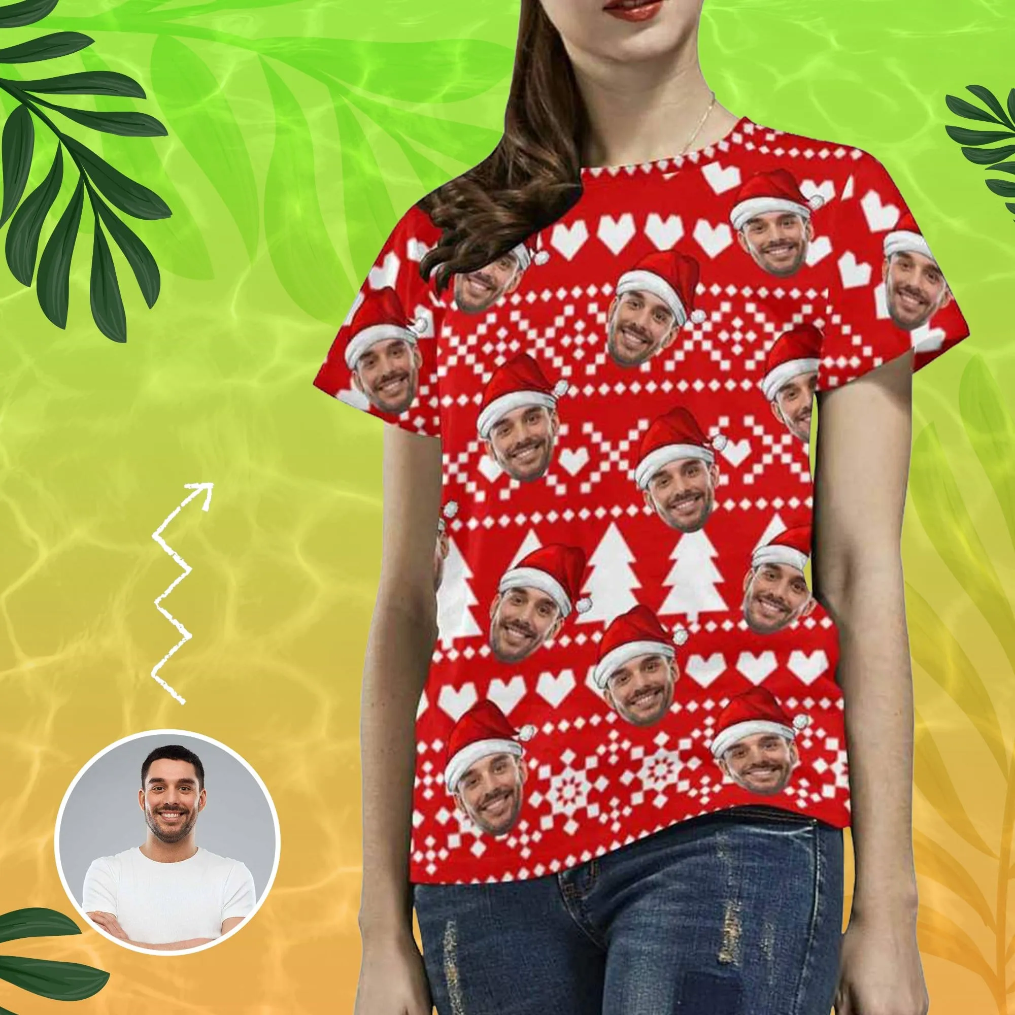 Personalized My Face on A Shirt Happy Christmas Red Women's All Over Print T-shirt