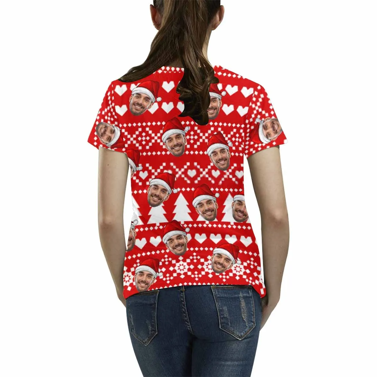 Personalized My Face on A Shirt Happy Christmas Red Women's All Over Print T-shirt