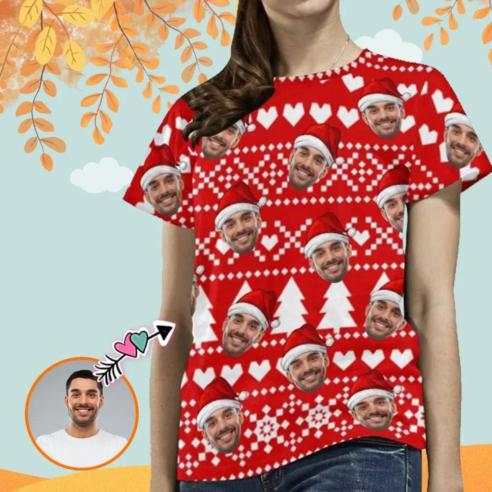 Personalized My Face on A Shirt Happy Christmas Red Women's All Over Print T-shirt