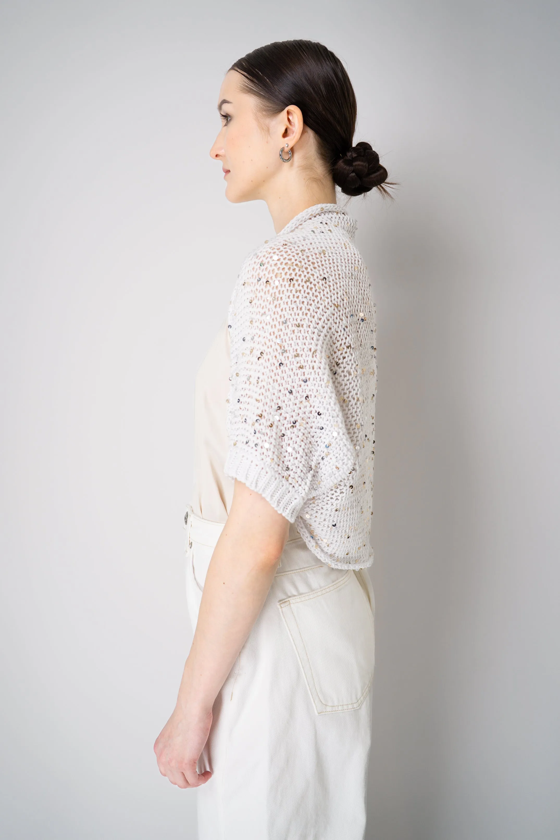 Peserico Cotton Knit Bolero Shrug with Sequins in White