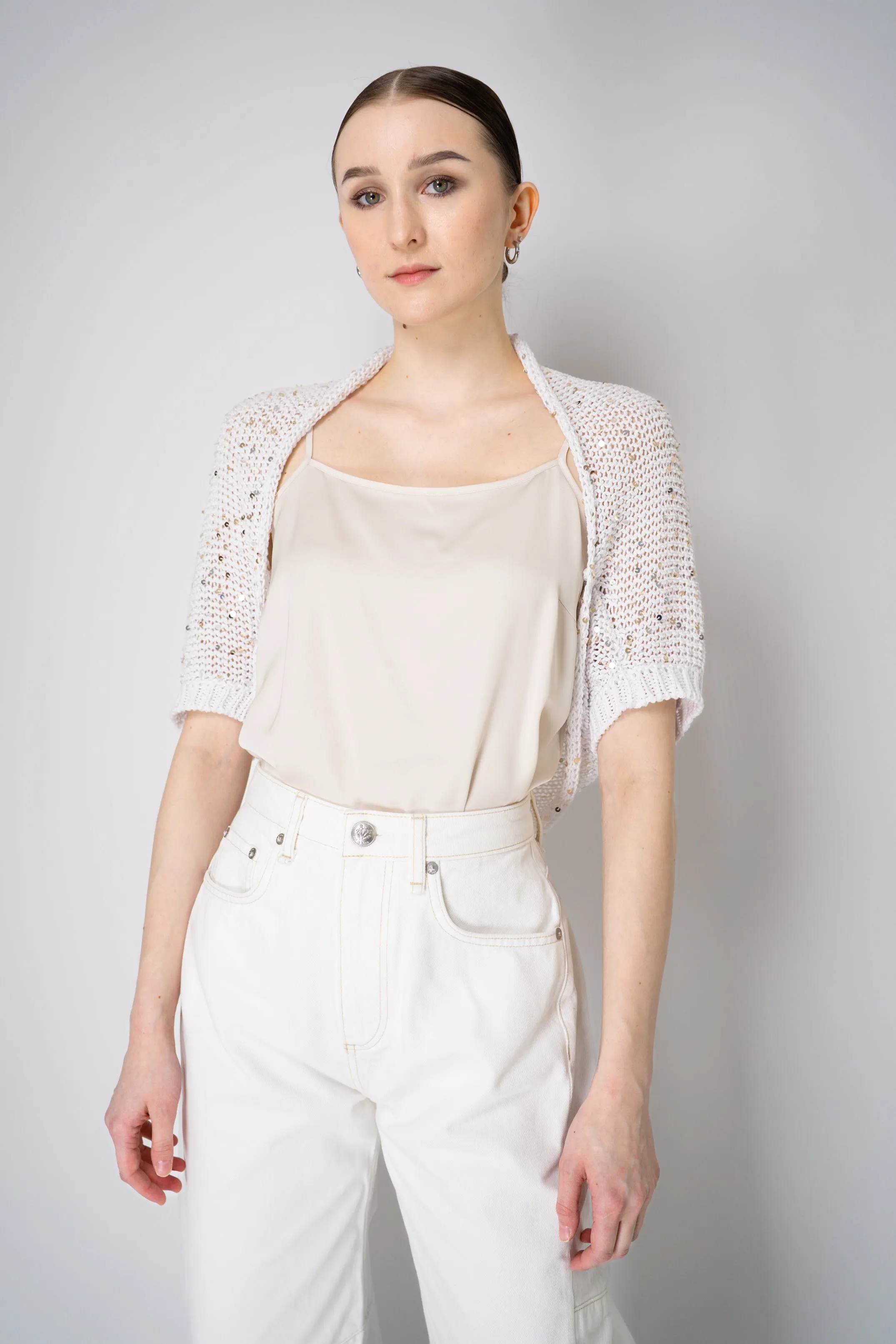 Peserico Cotton Knit Bolero Shrug with Sequins in White