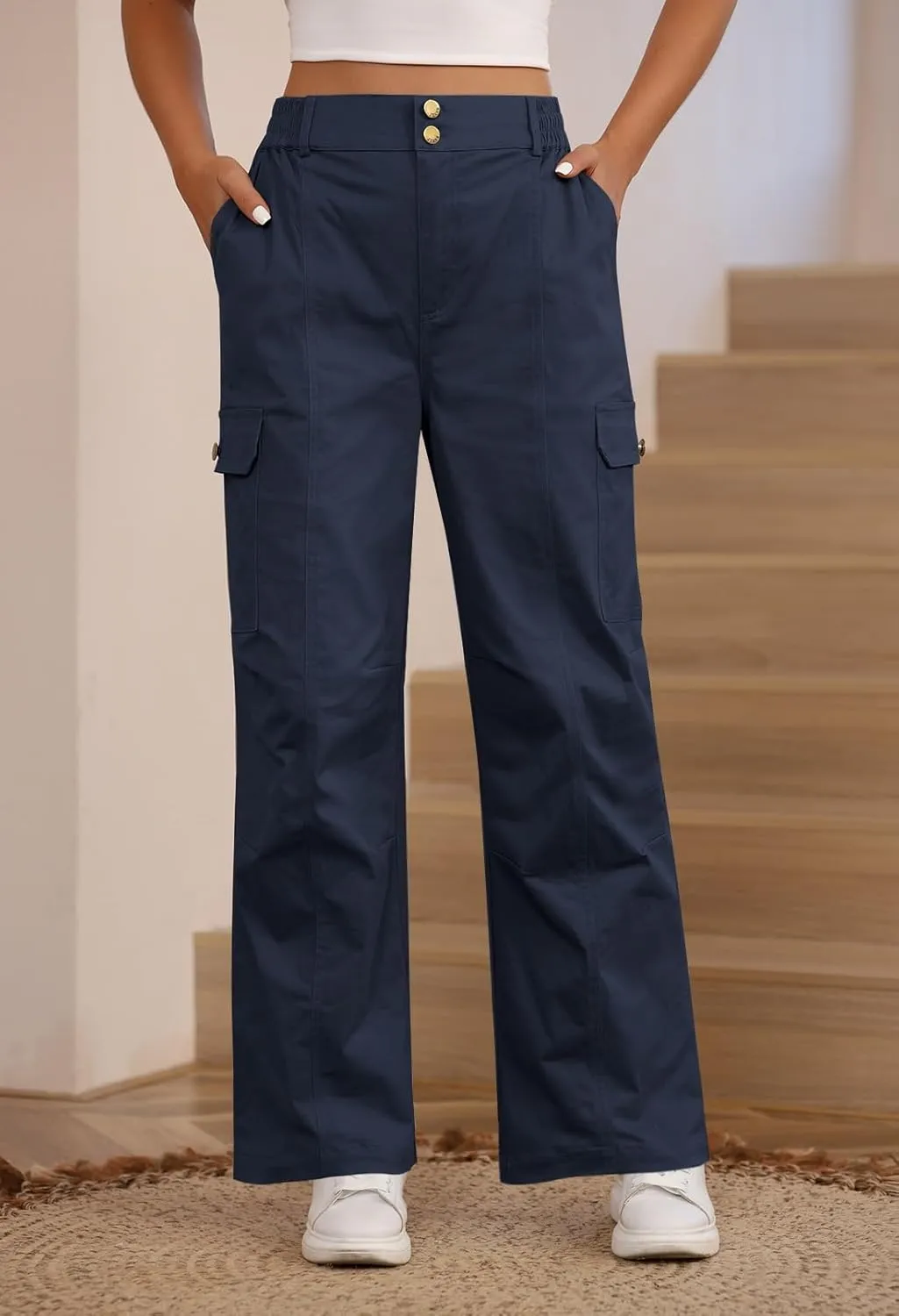 Pink Queen Women High Waisted Cargo Pants Relaxed Fit Wide Leg Jeans Combat Military Trousers with Pockets