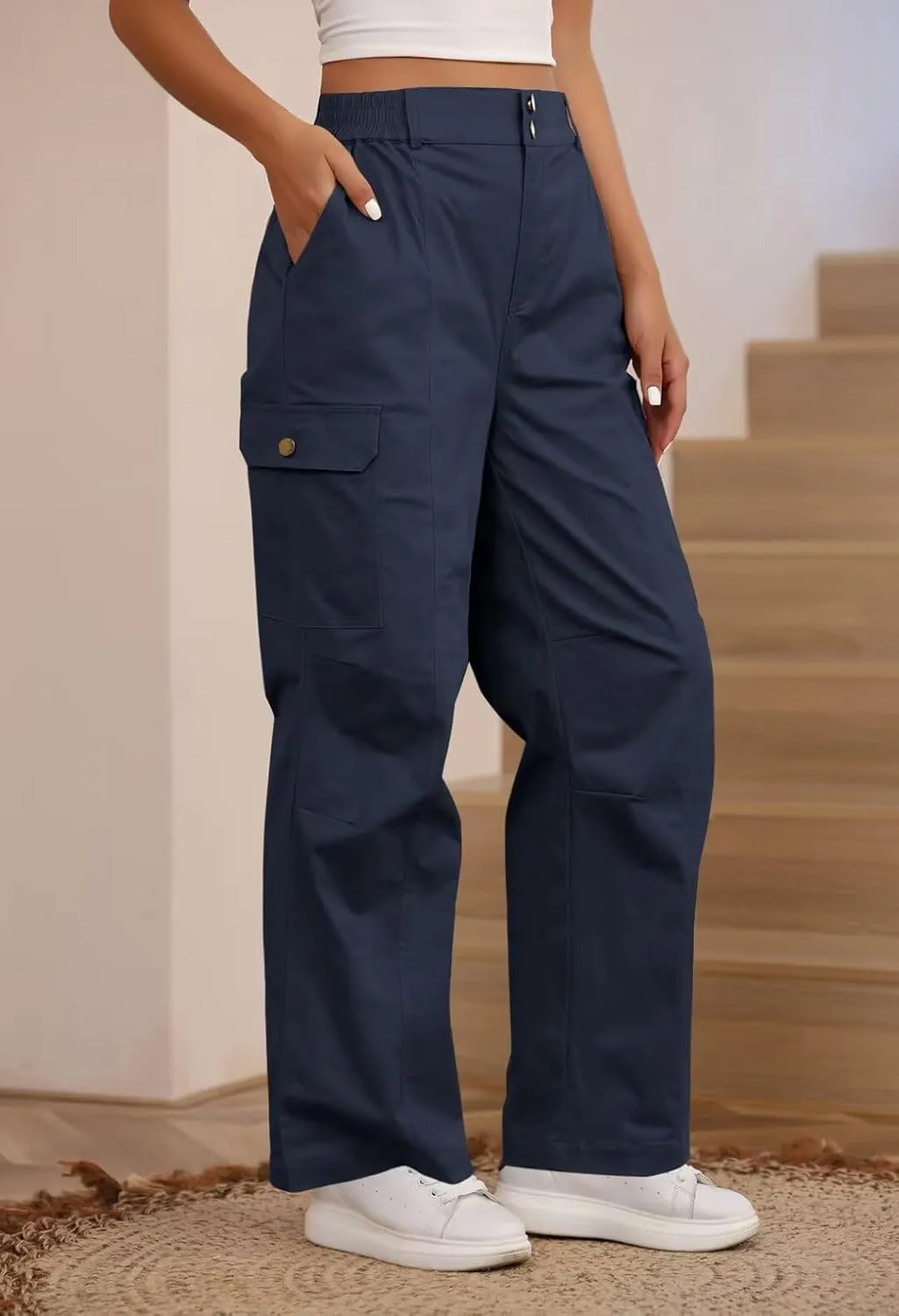 Pink Queen Women High Waisted Cargo Pants Relaxed Fit Wide Leg Jeans Combat Military Trousers with Pockets
