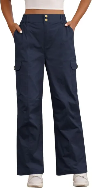 Pink Queen Women High Waisted Cargo Pants Relaxed Fit Wide Leg Jeans Combat Military Trousers with Pockets