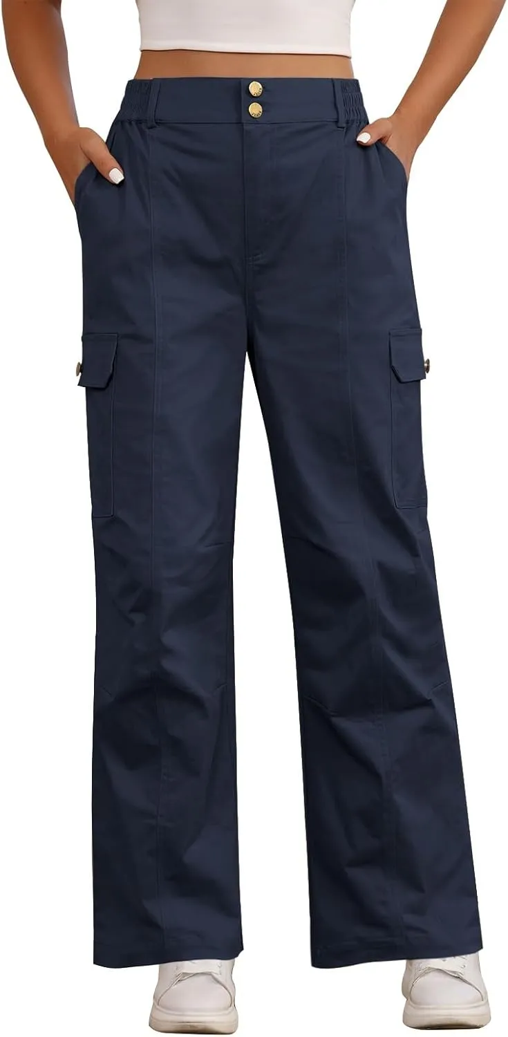 Pink Queen Women High Waisted Cargo Pants Relaxed Fit Wide Leg Jeans Combat Military Trousers with Pockets