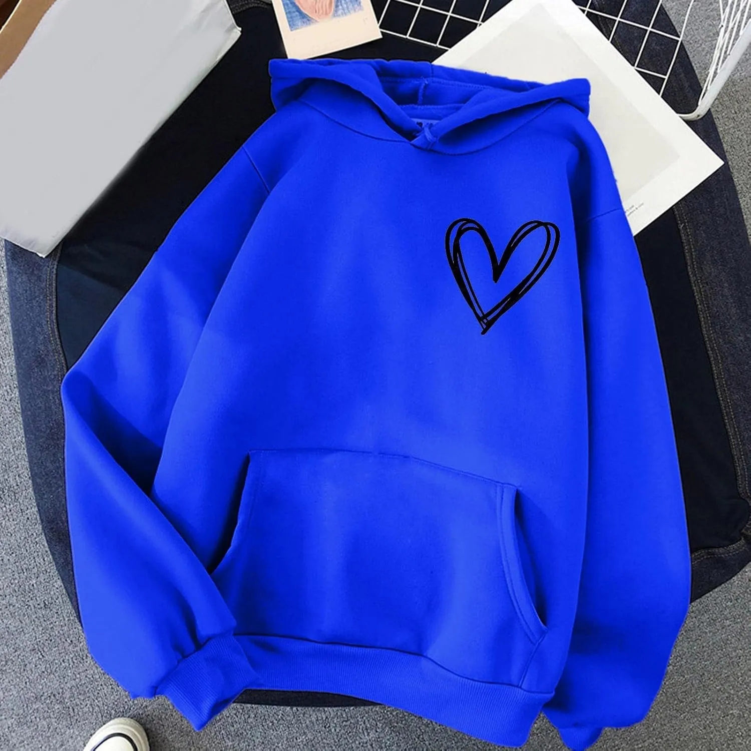 Pink Tops Hoodies for Women Heart Print Cute Preppy Sweatshirt Teen Girls Long Sleeve Pullover Hooded Tops