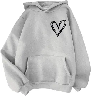 Pink Tops Hoodies for Women Heart Print Cute Preppy Sweatshirt Teen Girls Long Sleeve Pullover Hooded Tops