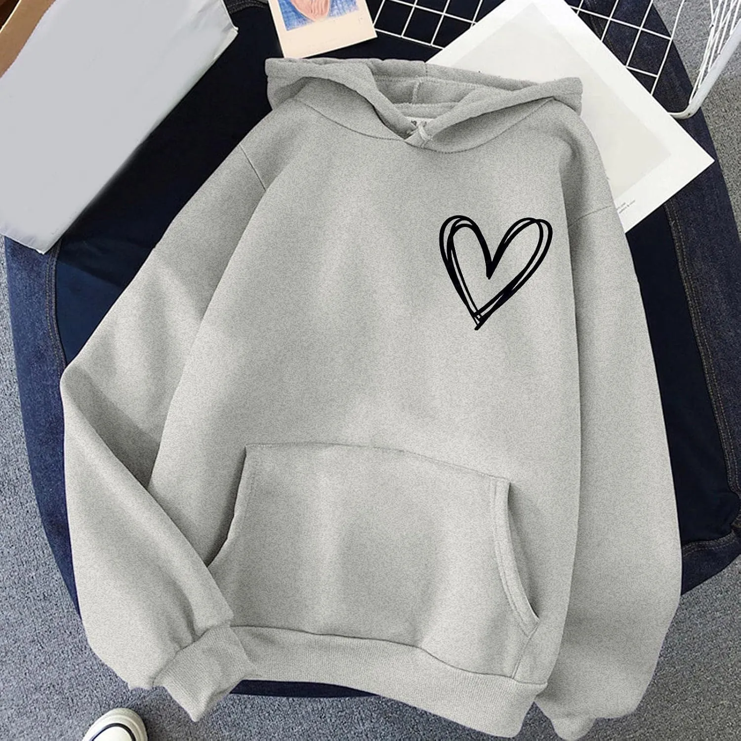 Pink Tops Hoodies for Women Heart Print Cute Preppy Sweatshirt Teen Girls Long Sleeve Pullover Hooded Tops