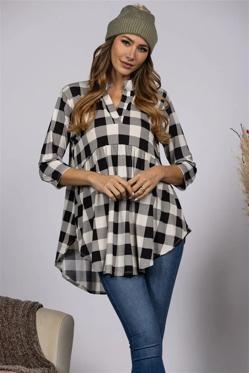 PLAID PRINT PEASANT STYLE BLOUSON TOP ST1434-18