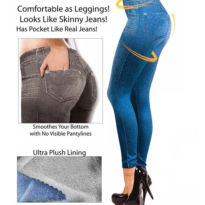 Plush Lined Winter Faux Denim Jeans Leggings