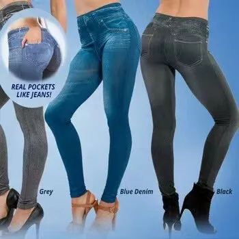 Plush Lined Winter Faux Denim Jeans Leggings