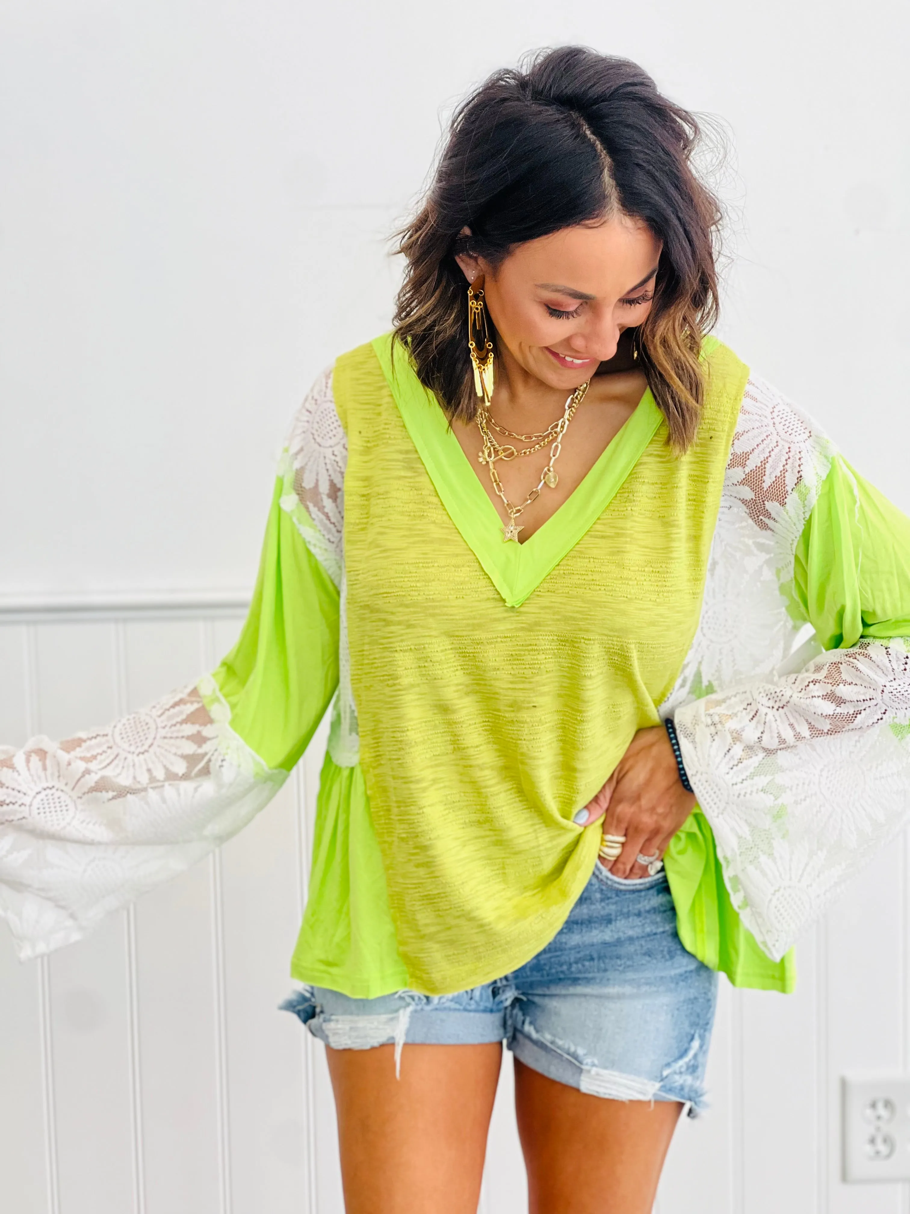 POL Neon Lime Floral Lace Detail V-Neck Top (Reg.)