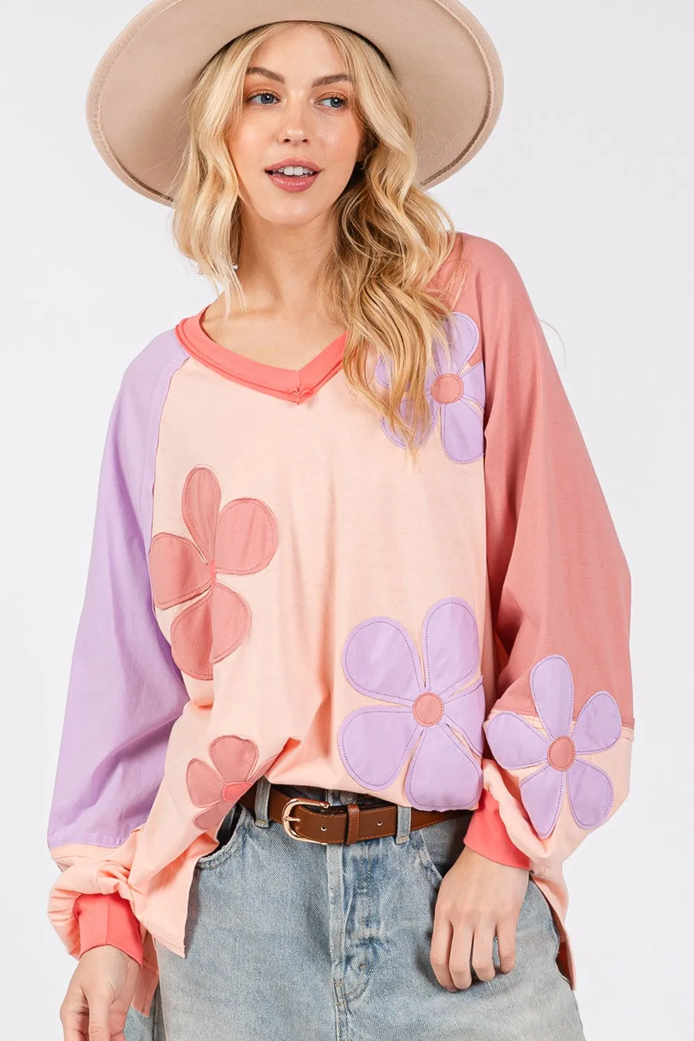 SAGE   FIG Daisy Applique Patch Color Block Long Sleeve Top