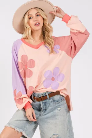 SAGE   FIG Daisy Applique Patch Color Block Long Sleeve Top
