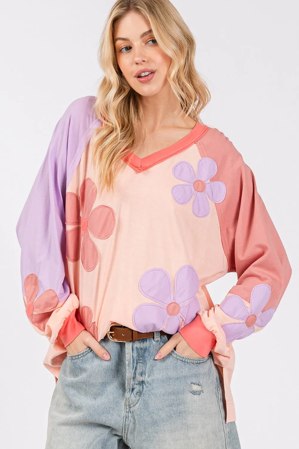 SAGE   FIG Daisy Applique Patch Color Block Long Sleeve Top