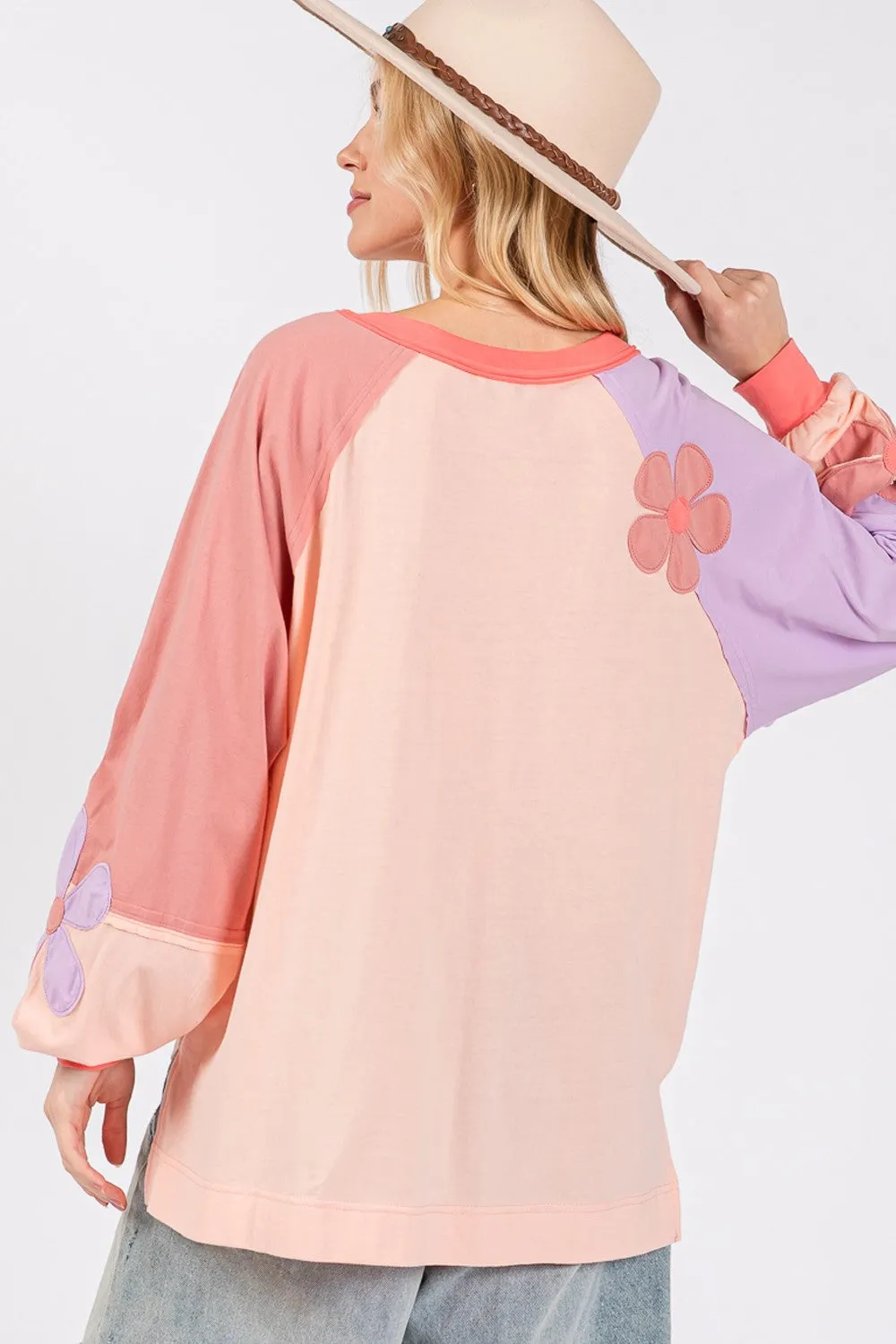 SAGE   FIG Daisy Applique Patch Color Block Long Sleeve Top