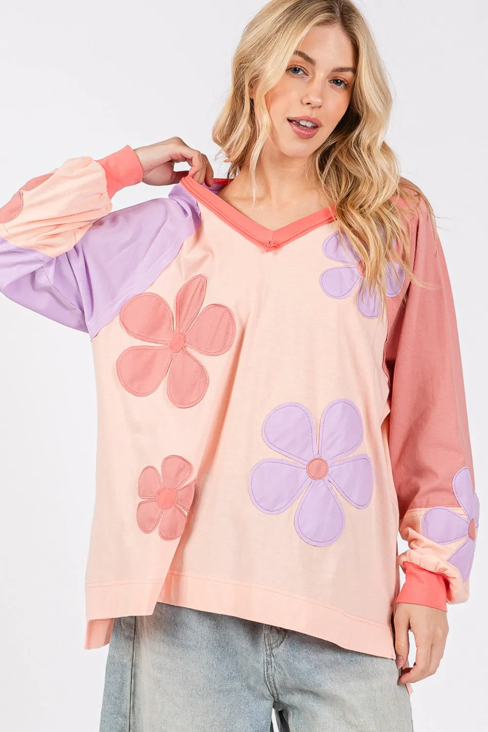 SAGE   FIG Daisy Applique Patch Color Block Long Sleeve Top