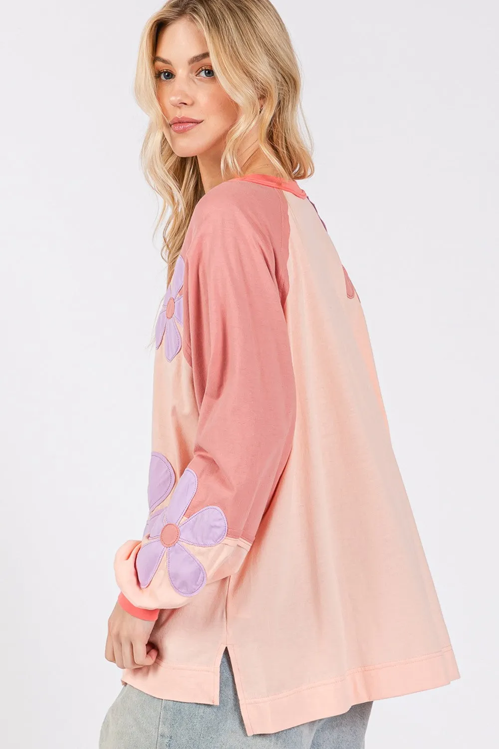 SAGE   FIG Daisy Applique Patch Color Block Long Sleeve Top