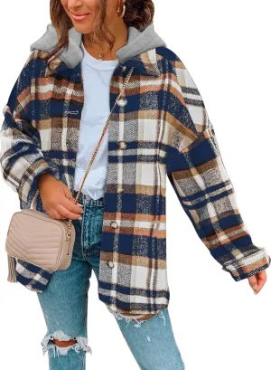 SHEWIN Womens Long Sleeve Button Down Plaid Shirts Flannel Hooded Shacket Jacket Hoodie Coats