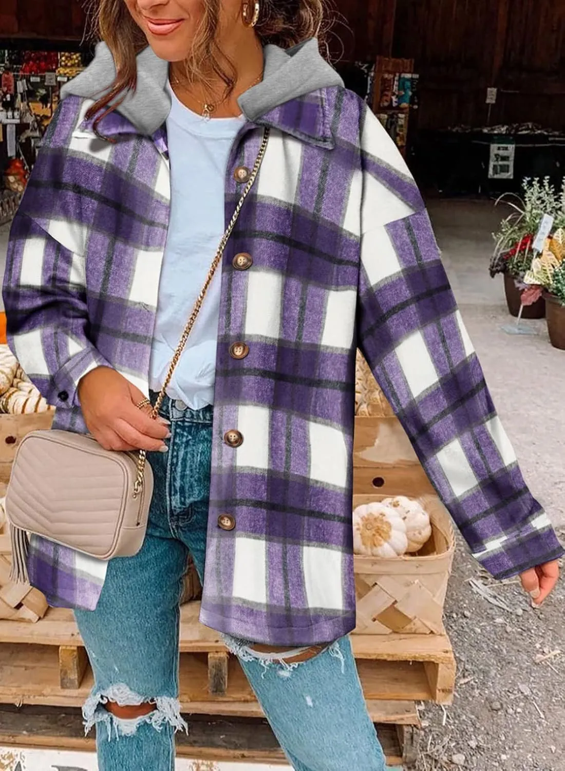SHEWIN Womens Long Sleeve Button Down Plaid Shirts Flannel Hooded Shacket Jacket Hoodie Coats