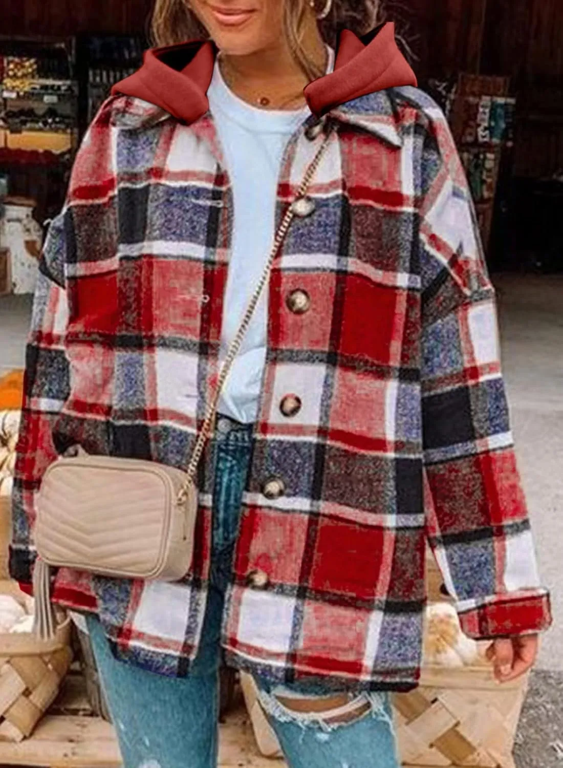 SHEWIN Womens Long Sleeve Button Down Plaid Shirts Flannel Hooded Shacket Jacket Hoodie Coats