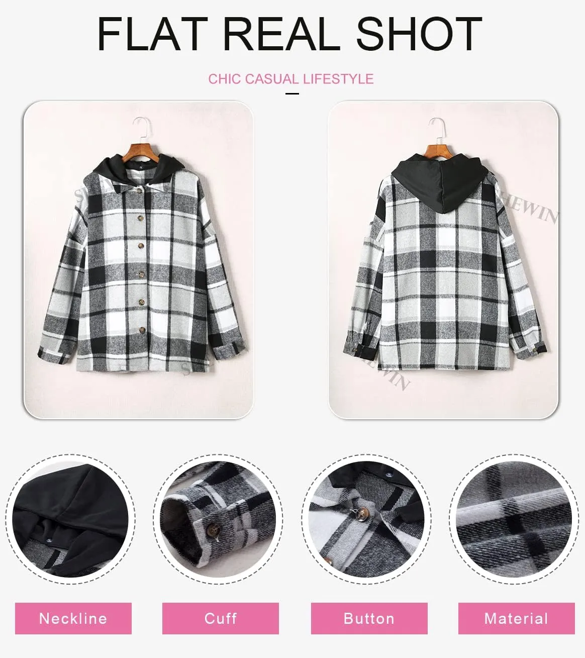 SHEWIN Womens Long Sleeve Button Down Plaid Shirts Flannel Hooded Shacket Jacket Hoodie Coats