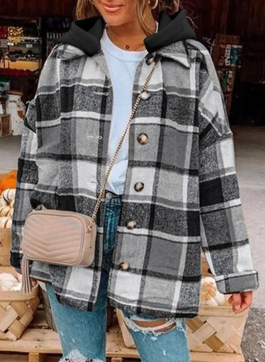 SHEWIN Womens Long Sleeve Button Down Plaid Shirts Flannel Hooded Shacket Jacket Hoodie Coats