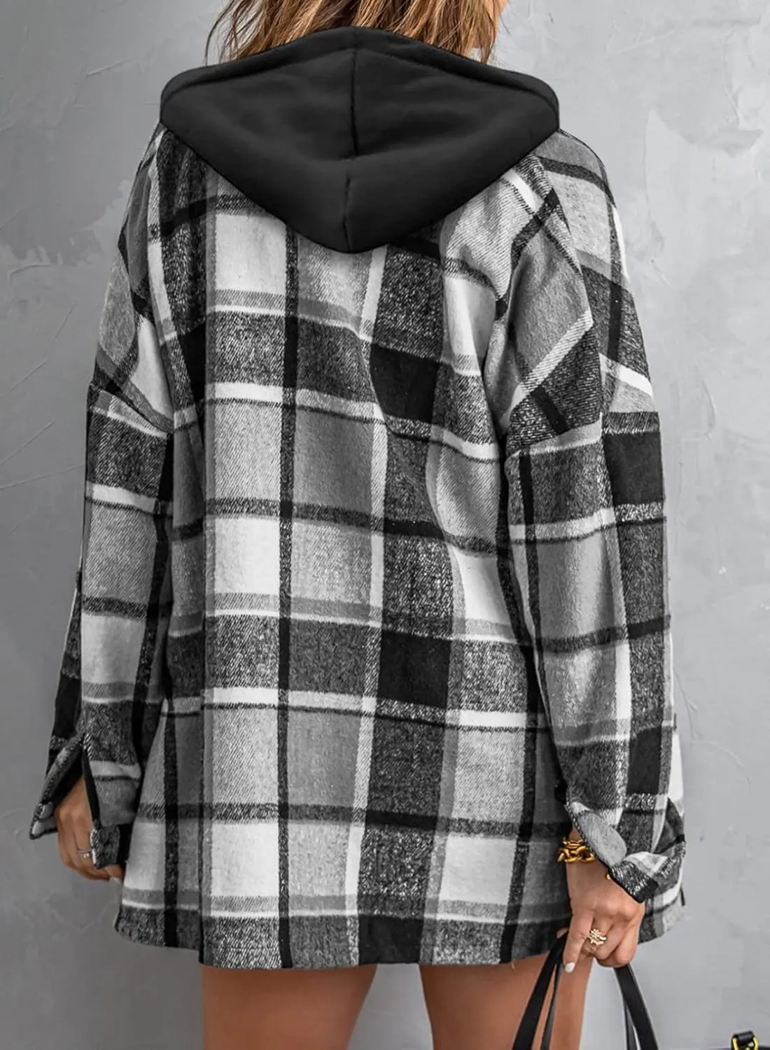 SHEWIN Womens Long Sleeve Button Down Plaid Shirts Flannel Hooded Shacket Jacket Hoodie Coats