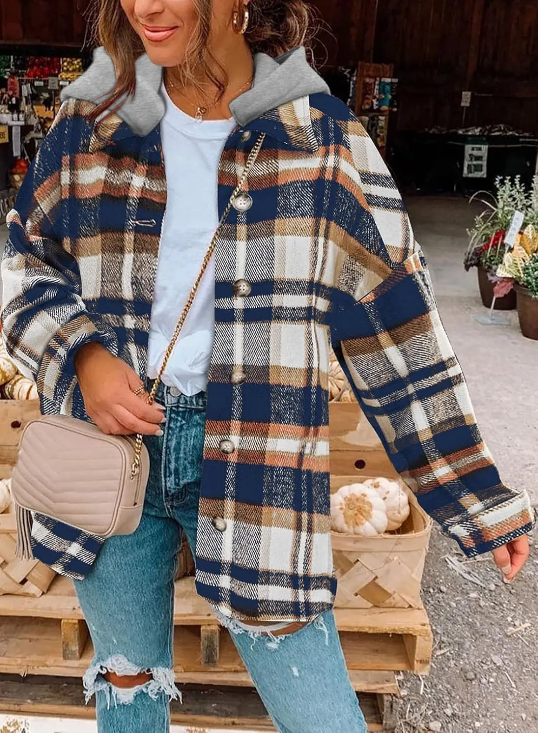 SHEWIN Womens Long Sleeve Button Down Plaid Shirts Flannel Hooded Shacket Jacket Hoodie Coats