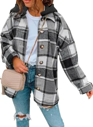 SHEWIN Womens Long Sleeve Button Down Plaid Shirts Flannel Hooded Shacket Jacket Hoodie Coats